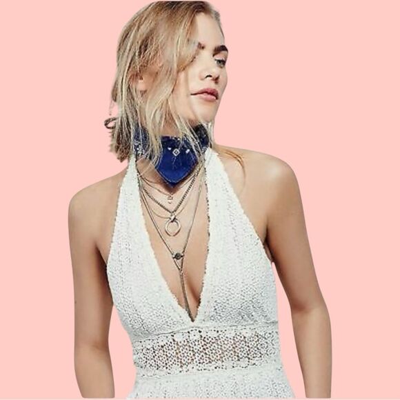 Free People Women's White So Sweetly Crochet Halter Neck Dress side zip - Picture 3 of 12